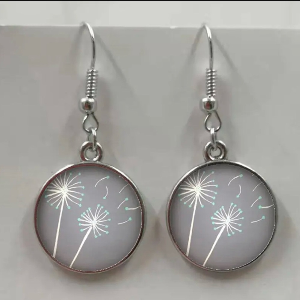 Silver Dandelion Earrings blue gray accents handmade round glass dome